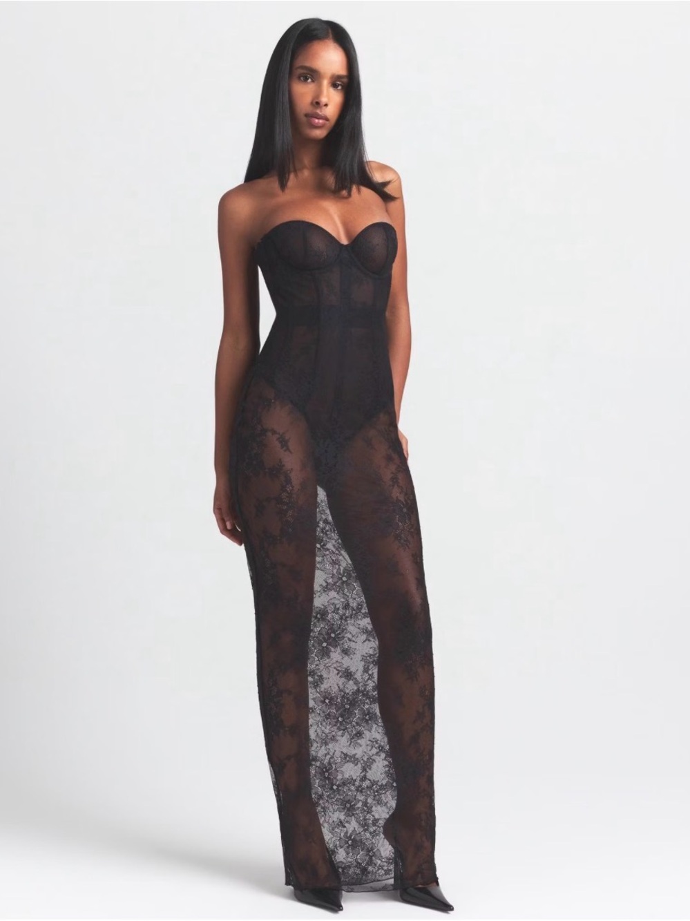 SKIMS Ultra Fine Lace Strapless Corset Long Dress Onyx Black NWT XS